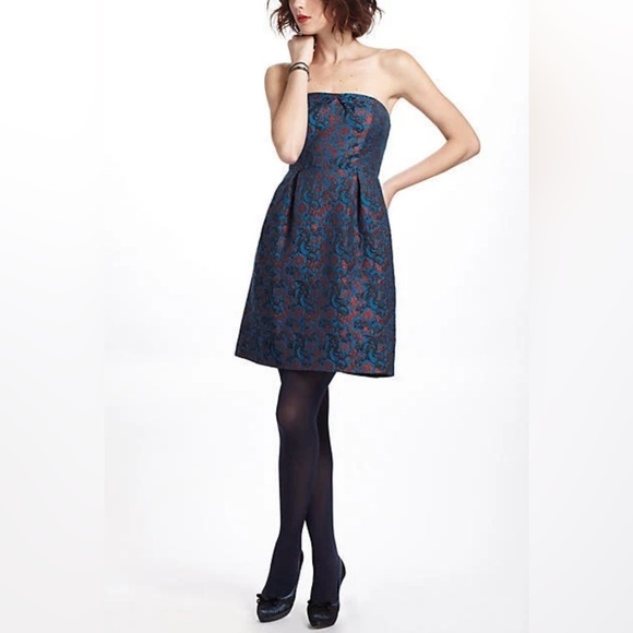 Anthropologie Leifnotes Metallic Brocade Strapless Mini Dress Size 14 - Picture 1 of 13